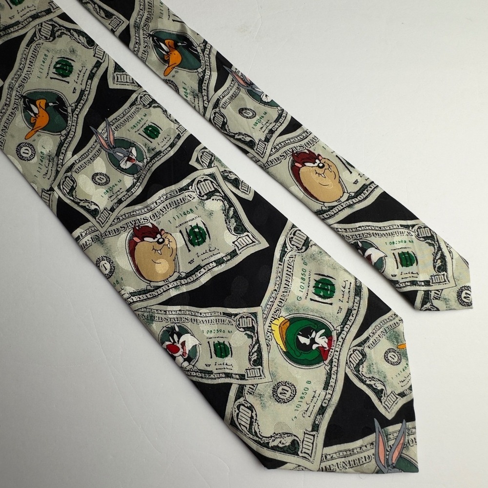 Vintage 1995 Looney Tunes Mania Money 100% Silk Tie Bugs Bunny Daffy Duck Taz